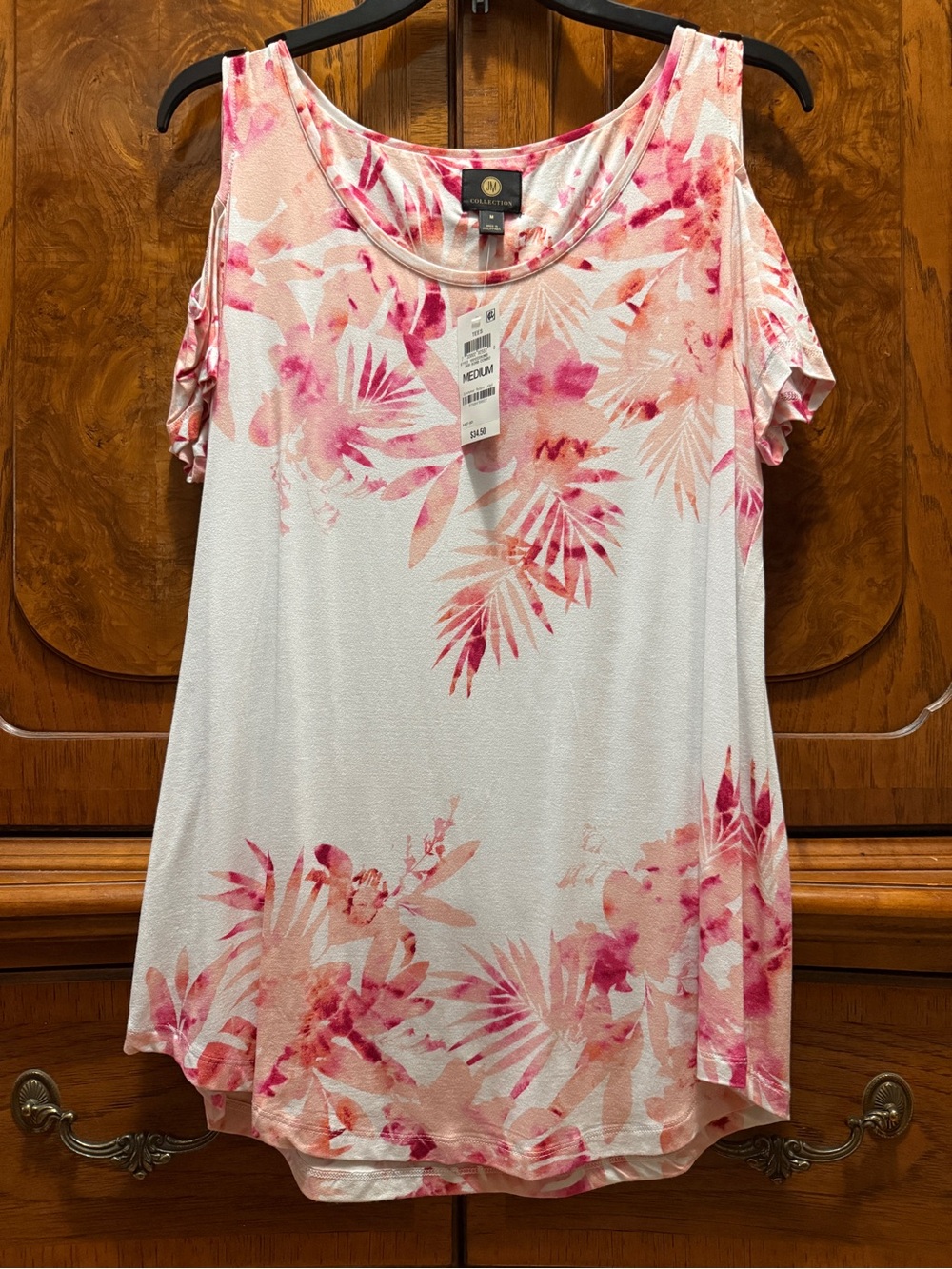 JM Collection Women's White Floral Cold Shoulder Top size medium